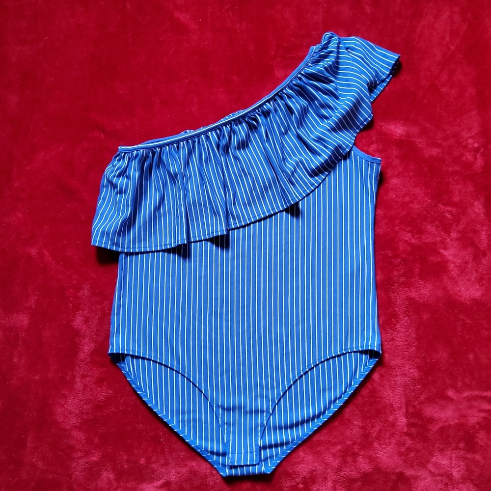 NEW Mark One-Shoulder Body Suit Blue White Striped Ruffled Women's Size XL 16